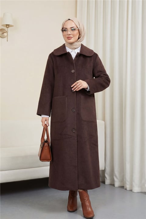 Boydan Düğmeli Cepli Kaban   -Kahve-Mont-111-50686-R15