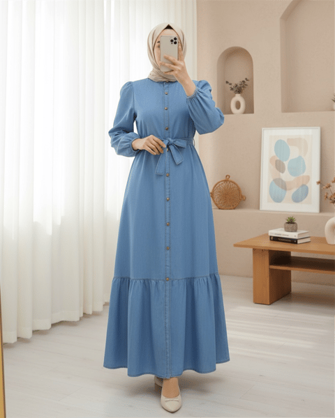 Boydan Düğmeli Eteği Fırfırlı Kot Elbise -Mavi-Elbise-192-6182-R31