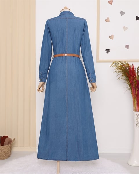 Boydan Düğmeli Kemerli Kot Elbise -Mavi-Elbise-192-6058-R31