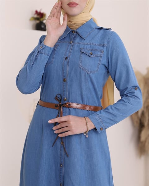 Boydan Düğmeli Kemerli Kot Elbise -Mavi-Elbise-192-6058-R31