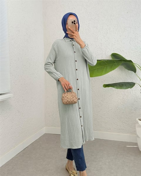 Boydan Düğmeli Kolu Lastikli Uzun Krinkıl Tunik    -Açık Gri-Tunik-253-12857-R41