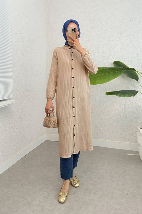 Boydan Düğmeli Kolu Lastikli Uzun Krinkıl Tunik  -Vizon-Tunik-253-12857-R23