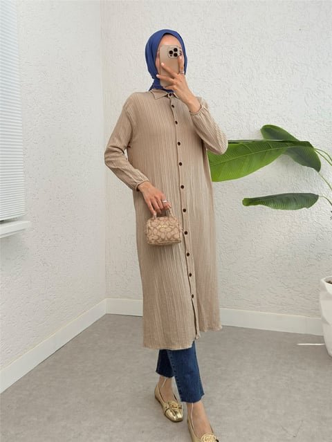 Boydan Düğmeli Kolu Lastikli Uzun Krinkıl Tunik  -Vizon-Tunik-253-12857-R23