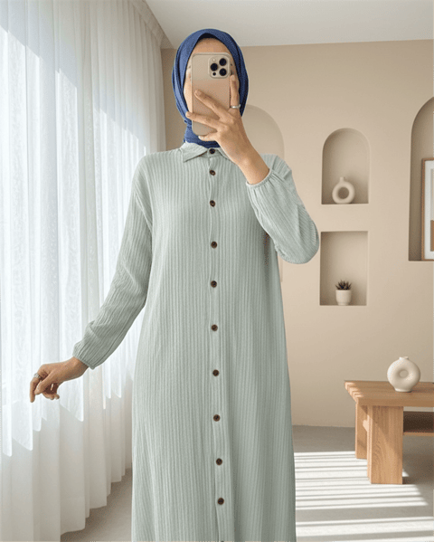 Boydan Düğmeli Kolu Lastikli Uzun Krinkıl Tunik    -Açık Gri-Tunik-253-12857-R41