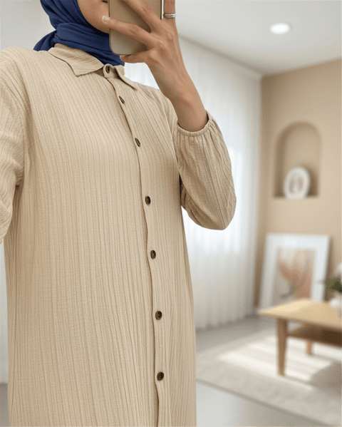 Boydan Düğmeli Kolu Lastikli Uzun Krinkıl Tunik   -Bej-Tunik-253-12857-R56