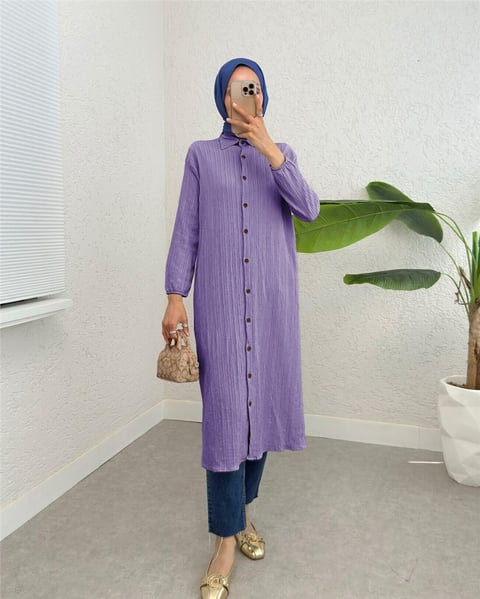 Boydan Düğmeli Kolu Lastikli Uzun Krinkıl Tunik   -Lila-Tunik-253-12857-R42