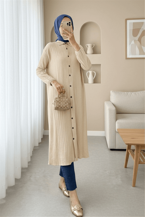 Boydan Düğmeli Kolu Lastikli Uzun Krinkıl Tunik   -Bej-Tunik-253-12857-R56
