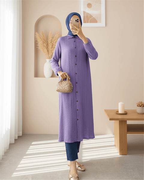 Boydan Düğmeli Kolu Lastikli Uzun Krinkıl Tunik   -Lila-Tunik-253-12857-R42