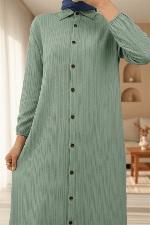 Boydan Düğmeli Kolu Lastikli Uzun Krinkıl Tunik   -Mint-Tunik-253-12857-R24