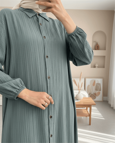 Boydan Düğmeli Kolu Lastikli Uzun Krinkıl Tunik    -Füme-Tunik-253-12857-R18