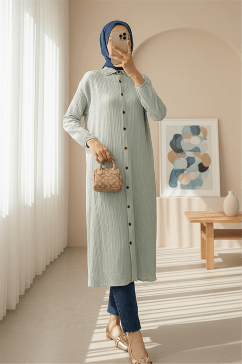 Boydan Düğmeli Kolu Lastikli Uzun Krinkıl Tunik    -Açık Gri-Tunik-253-12857-R41