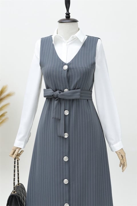 جيليه مخطط بأزرار وحزام - رمادي-Jile Elbise-111-61094-R11