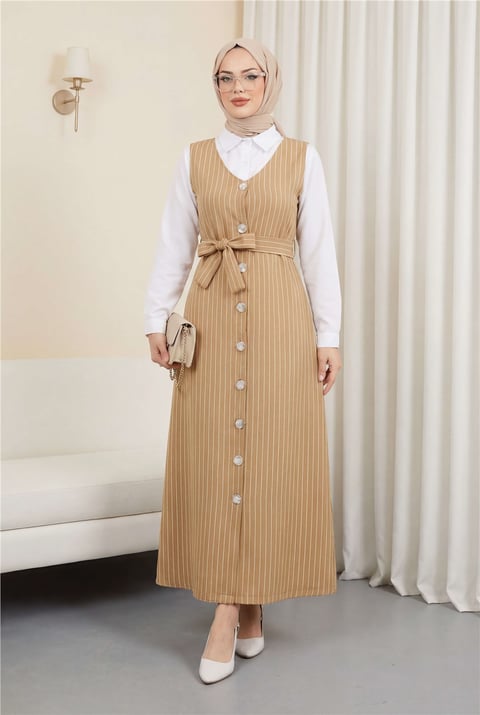 جيليه مخطط بأزرار وحزام -مينك-Jile Elbise-111-61094-R23