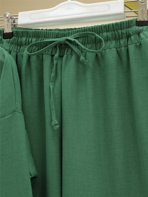 Boydan Düğmeli Pantolon Gömlek Keten Takım -Koyu Yeşil-Takım-138-6622-R79
