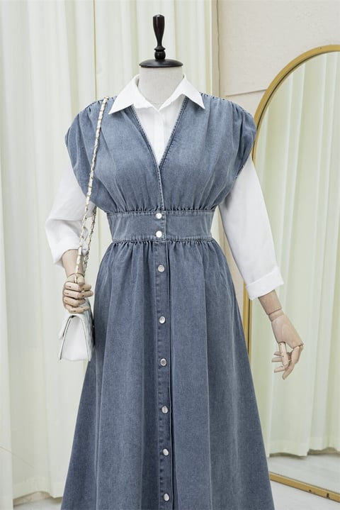 Boydan Düğmeli V Yaka Sıfır Kol Kot Jile -Buz Mavi-Elbise-197-6129-R37