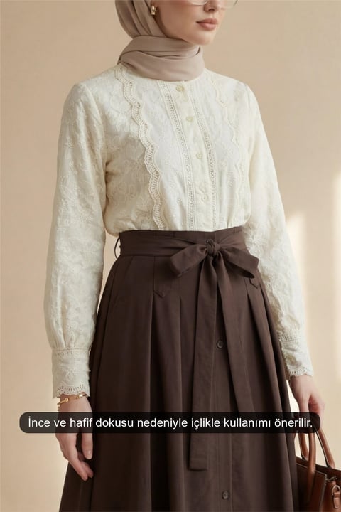 Brode İşlemeli Vintage Gömlek Bluz -Bej-Gömlek-364-6021-R56
