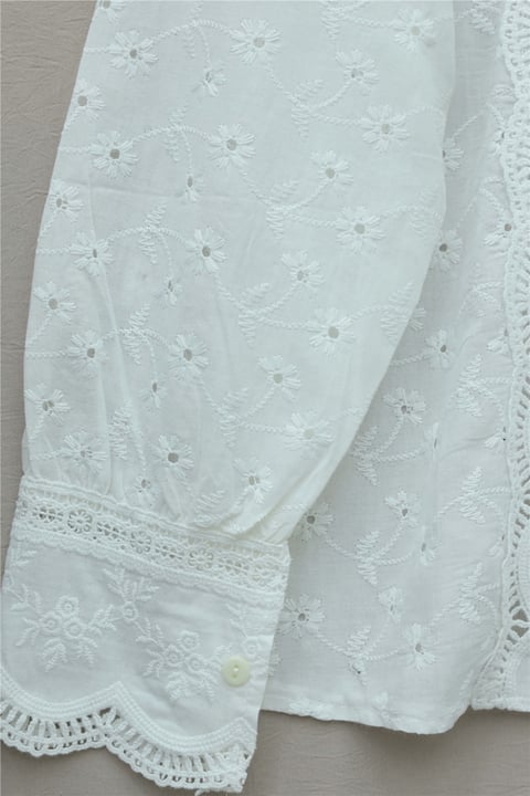 Brode İşlemeli Vintage Gömlek Bluz  -Beyaz-Gömlek-364-6021-R02