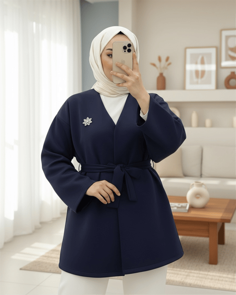 Broş Detaylı Beli Kuşaklı Scuba Ceket -Laci-Ceket-349-7088-R03