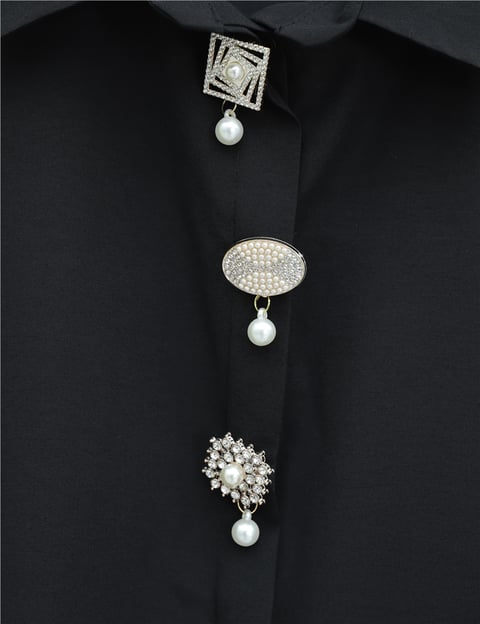 Broş Detaylı Gizli Düğmeli Poplin Gömlek -Siyah-Gömlek-398-11001-R01
