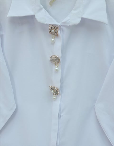 Broş Detaylı Gizli Düğmeli Poplin Gömlek -Beyaz-Gömlek-398-11001-R02