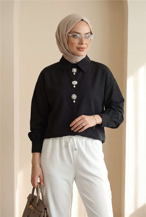 Broş Detaylı Gizli Düğmeli Poplin Gömlek -Siyah-Gömlek-398-11001-R01