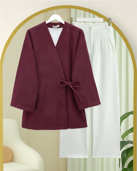 Çapraz Bağlamalı Kaşe Kimono -Bordo-Kimono & Kaftan-346-3081-R04
