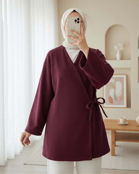 Çapraz Bağlamalı Kaşe Kimono -Bordo-Kimono & Kaftan-346-3081-R04