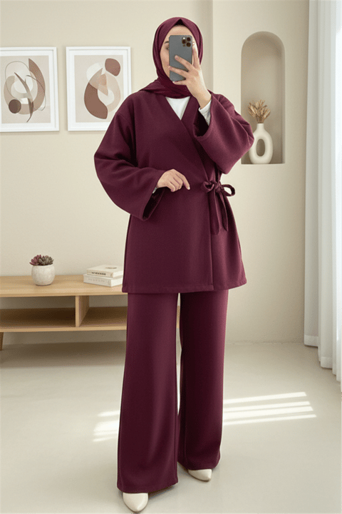 Çapraz Bağlamalı Kaşe Kimono -Bordo-Kimono & Kaftan-346-3081-R04