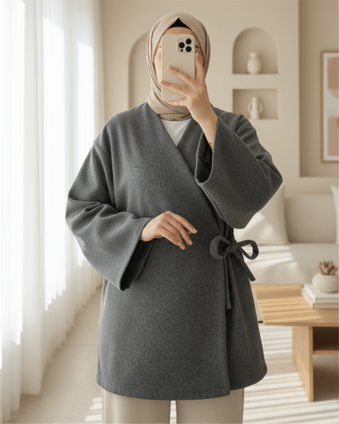 Çapraz Bağlamalı Kaşe Kimono -Füme-Kimono & Kaftan-346-3081-R18