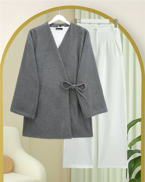 Çapraz Bağlamalı Kaşe Kimono -Füme-Kimono & Kaftan-346-3081-R18