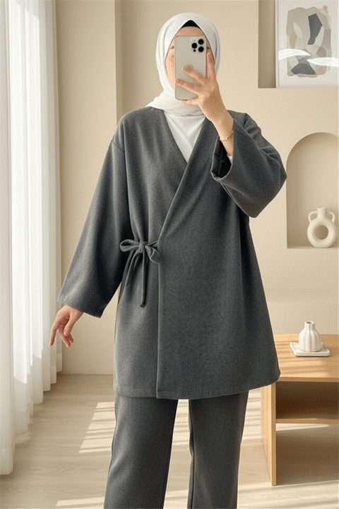 Çapraz Bağlamalı Kaşe Kimono -Füme-Kimono & Kaftan-346-3081-R18
