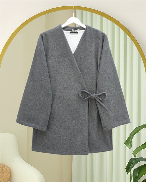 Çapraz Bağlamalı Kaşe Kimono -Füme-Kimono & Kaftan-346-3081-R18