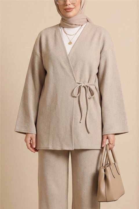 Çapraz Bağlamalı Selanik Kimono Takım -Bej-Takım-253-13107-R56