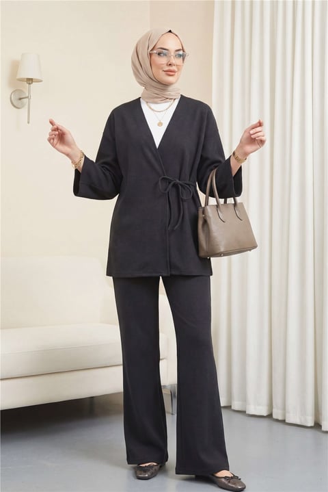 Çapraz Bağlamalı Selanik Kimono Takım -Antrasit-Takım-253-13107-R64