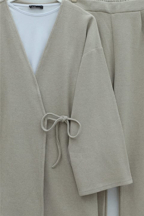 Çapraz Bağlamalı Selanik Kimono Takım -Bej-Takım-253-13107-R56