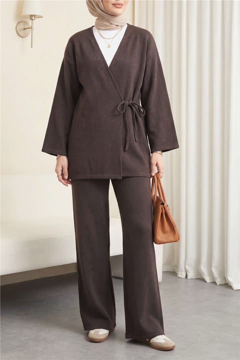 Çapraz Bağlamalı Selanik Kimono Takım -Kahve-Takım-253-13107-R15