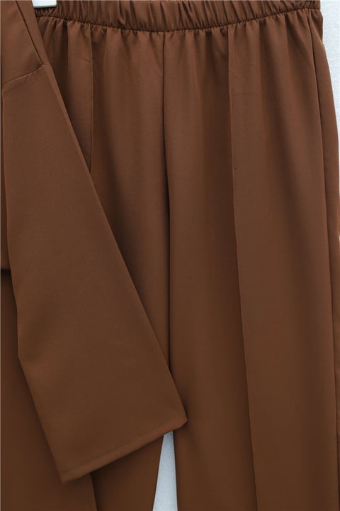 Çapraz Bağlamalı Tokalı  Yırtmaçlı Pantolonlu İkili Dabıl Takım -Kahverengi-Takım-349-8085-R15