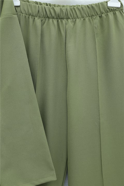 Çapraz Bağlamalı Tokalı  Yırtmaçlı Pantolonlu İkili Dabıl Takım -Haki-Takım-349-8085-R05