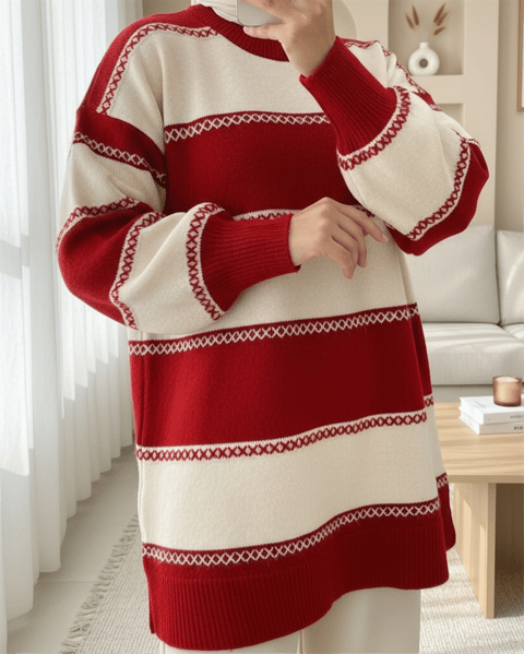 Çapraz Çizgi Desenli Triko Tunik -Kırmızı-Kazak-295-23-R33