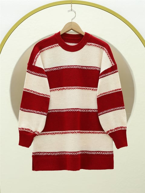 Kazak-Çapraz Çizgi Desenli Triko Tunik -Kırmızı-295-23-R33