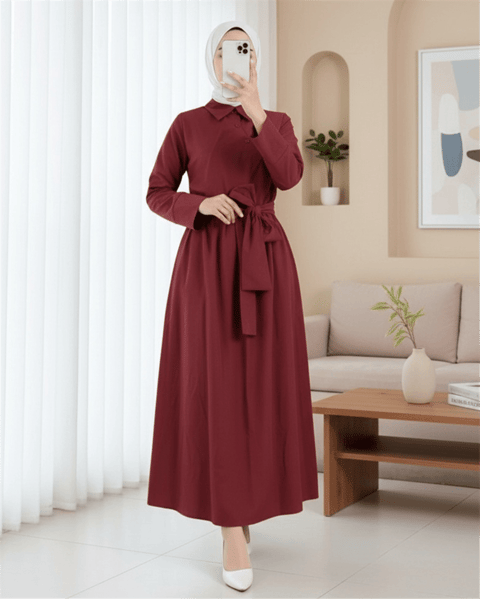 Çapraz Düğmeli Beli Bağlamalı Gömlek Yaka Elbise  -Bordo-Elbise-111-61549-R04
