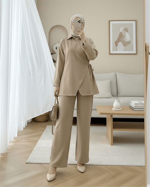 Çapraz Düğmeli Yandan Bağlamalı Yün Efekt Takım  -Vizon-Takım-346-3075-R23