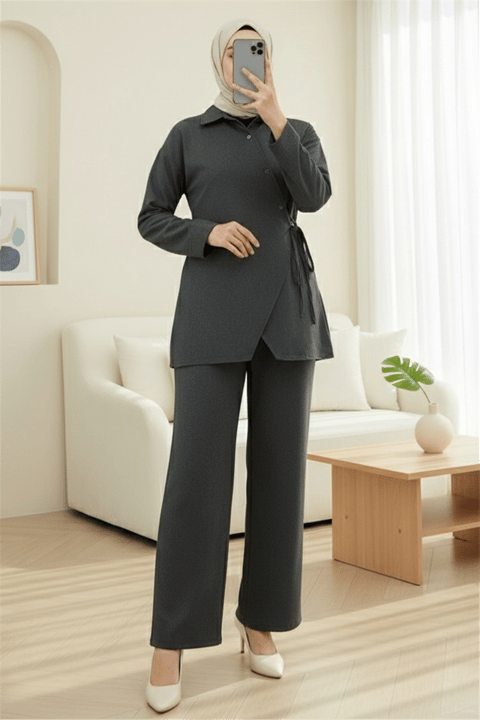 Çapraz Düğmeli Yandan Bağlamalı Yün Efekt Takım  -Antrasit-Takım-346-3075-R64