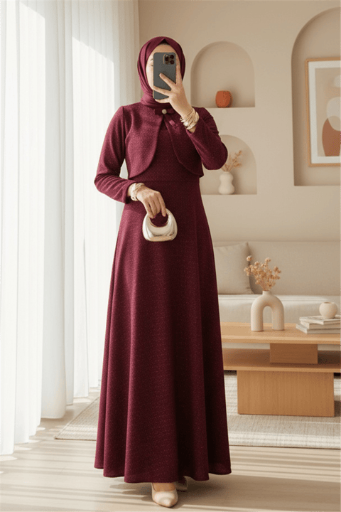 Ceket Detaylı Simli Broşlu Elbise  -Bordo-Elbise-386-6251-R04