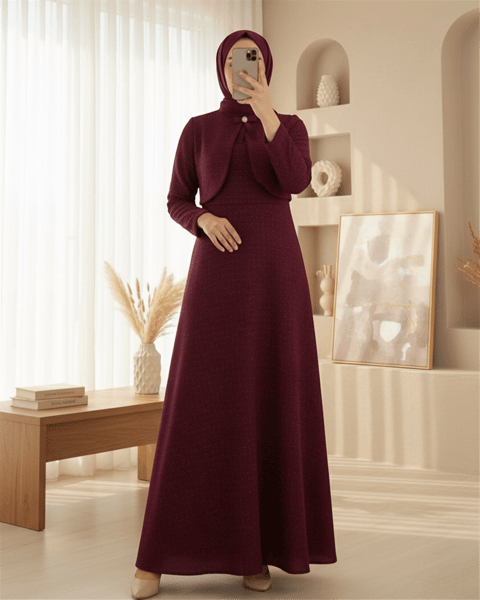 Ceket Detaylı Simli Broşlu Elbise  -Bordo-Elbise-386-6251-R04