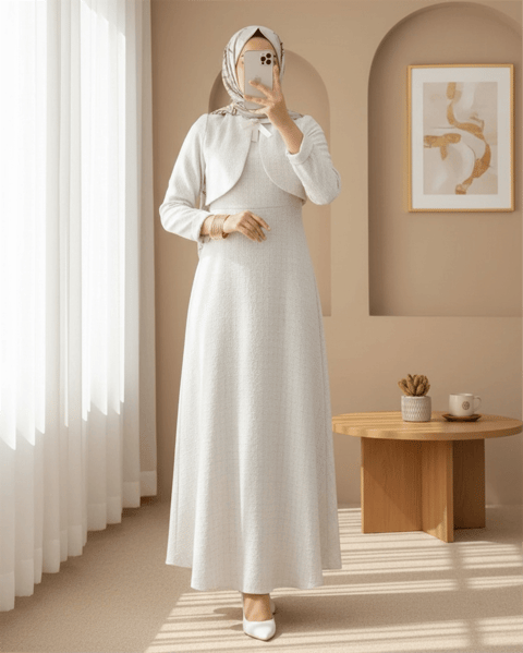 Ceket Detaylı Simli Broşlu Elbise  -Ekru-Elbise-386-6251-R07