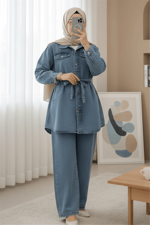 Cepli Beli Kemerli Düğmeli Kot Takım -Buz Mavi-Takım-197-4081-R37