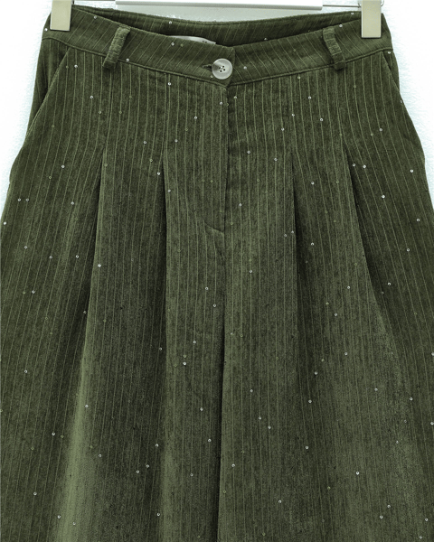 Cepli Bol Paça Pul Detaylı Kadife Pantolon  -Haki-Pantolon-346-3082-R05