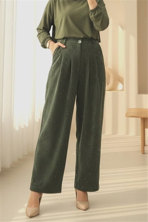 Cepli Bol Paça Pul Detaylı Kadife Pantolon  -Haki-Pantolon-346-3082-R05