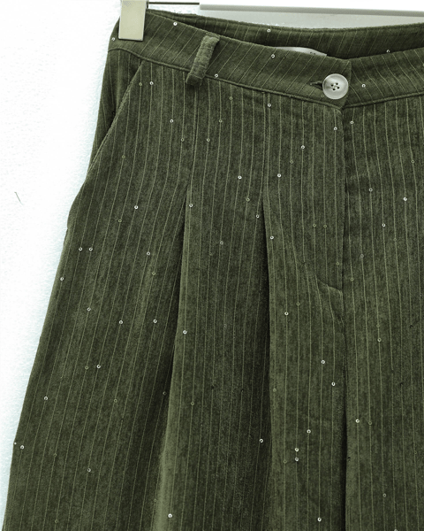 Cepli Bol Paça Pul Detaylı Kadife Pantolon  -Haki-Pantolon-346-3082-R05